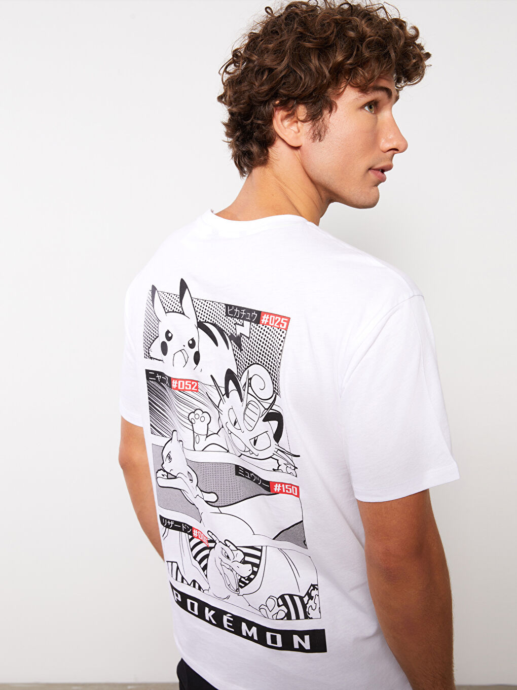 Beyaz Bisiklet Yaka Kısa Kollu Pokemon Baskılı Penye Erkek Tişört-3