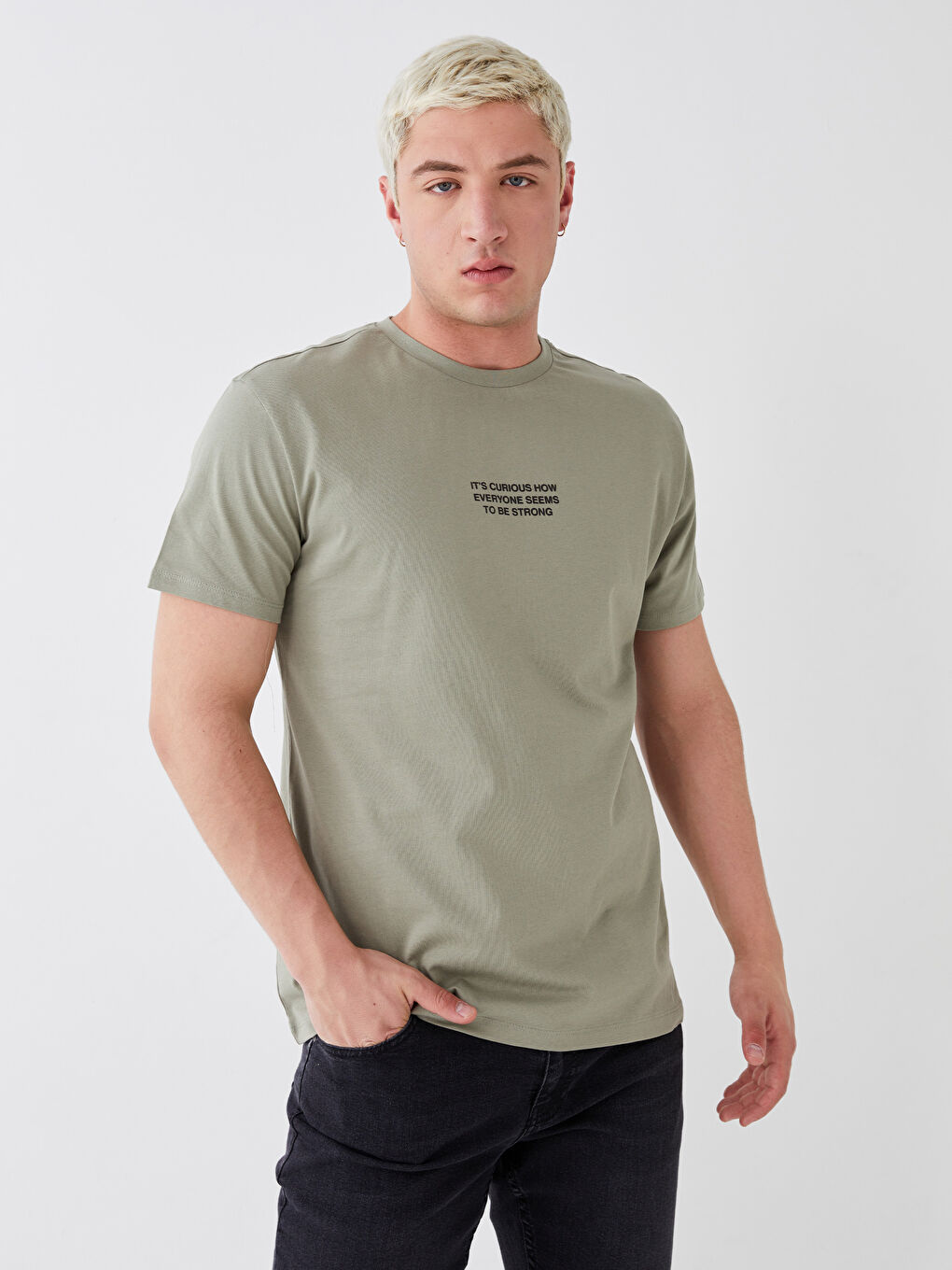 Haki Bisiklet Yaka Kısa Kollu Baskılı Penye Erkek Tişört-1