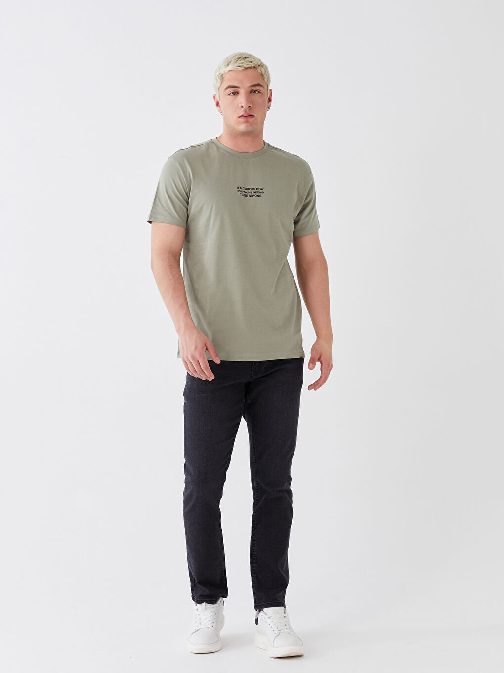 Haki Bisiklet Yaka Kısa Kollu Baskılı Penye Erkek Tişört-2