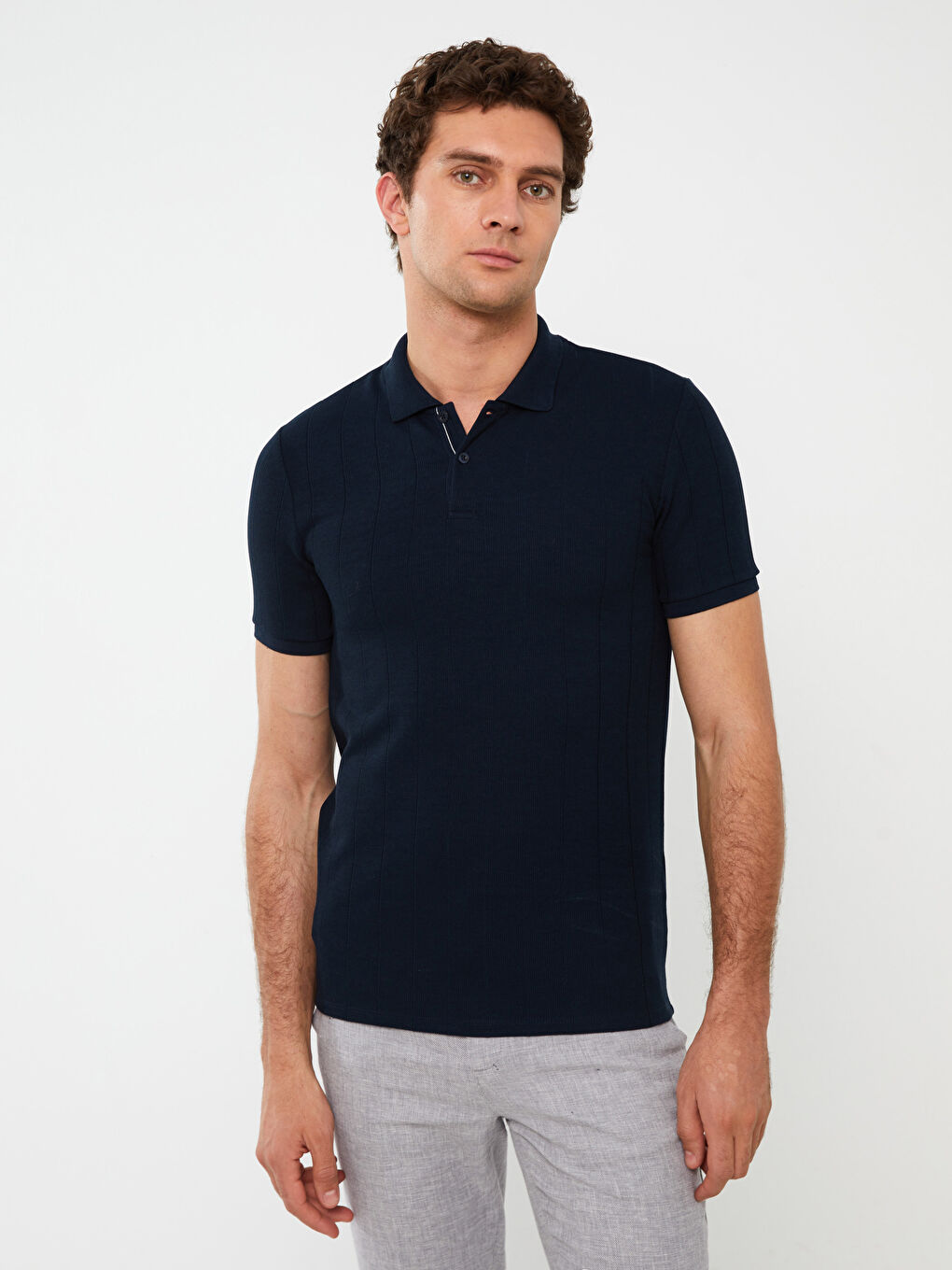 Lacivert Polo Yaka Kısa Kollu Erkek Tişört-1