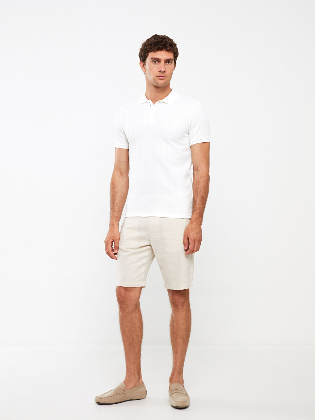 Ekru Polo Yaka Kısa Kollu Erkek Tişört-2