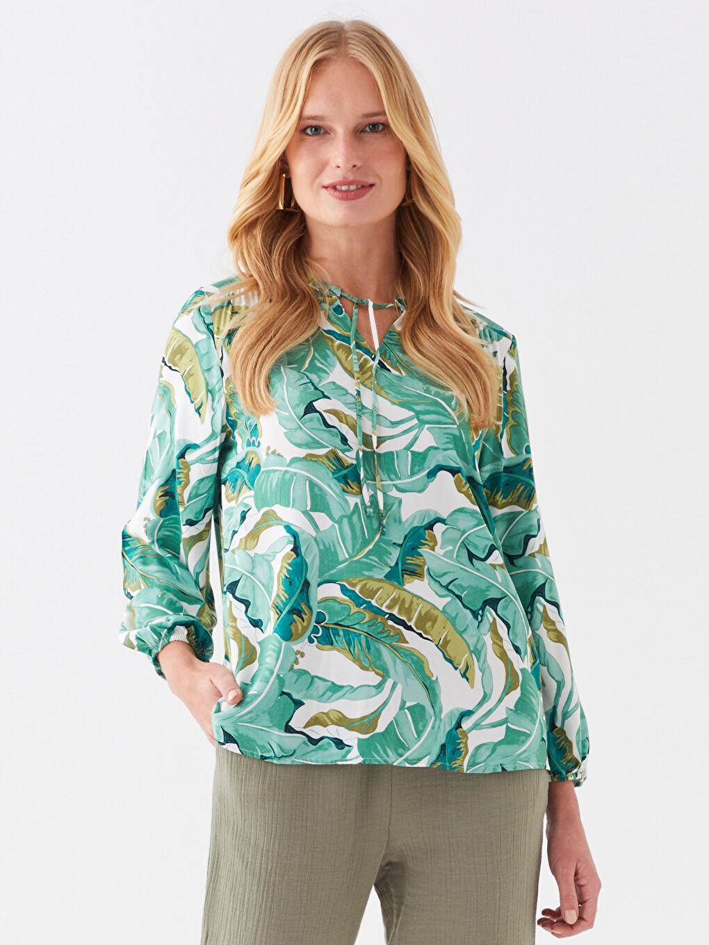 Tie Neck Patterned Long Sleeve Women's Blouse