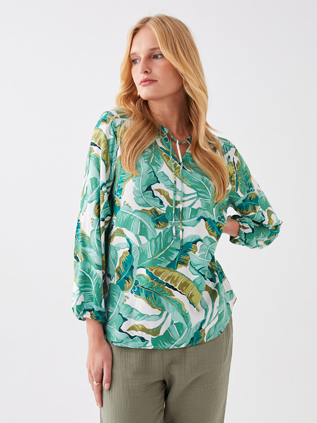 Tie Neck Patterned Long Sleeve Women's Blouse-1