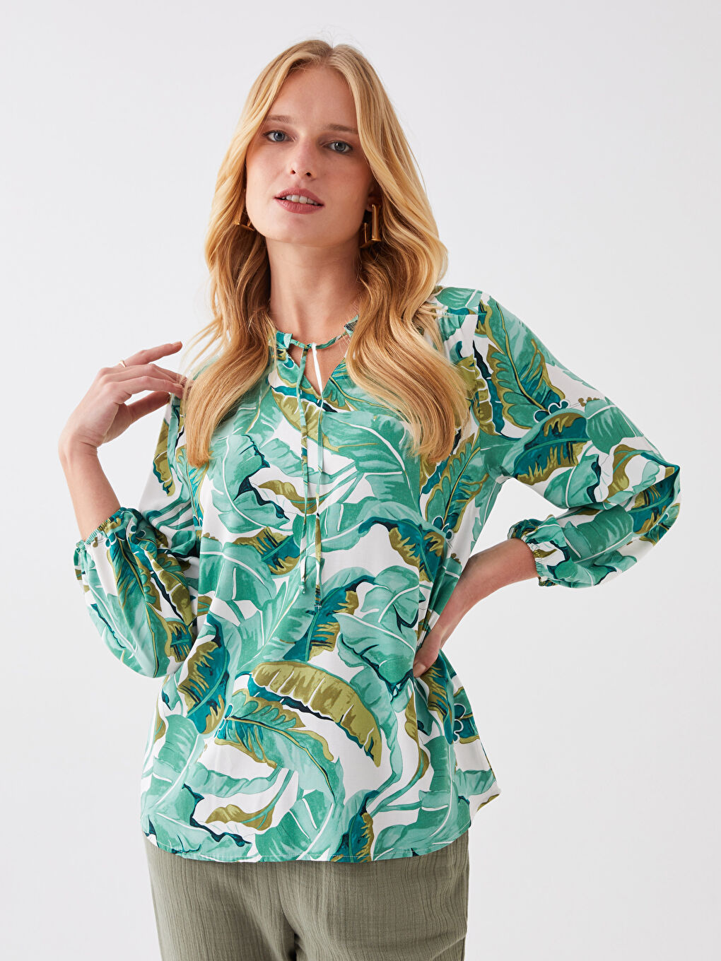 Tie Neck Patterned Long Sleeve Women's Blouse-2