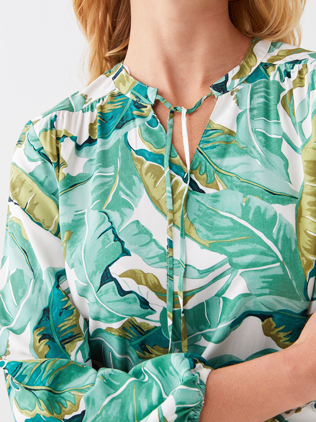 Tie Neck Patterned Long Sleeve Women's Blouse-4