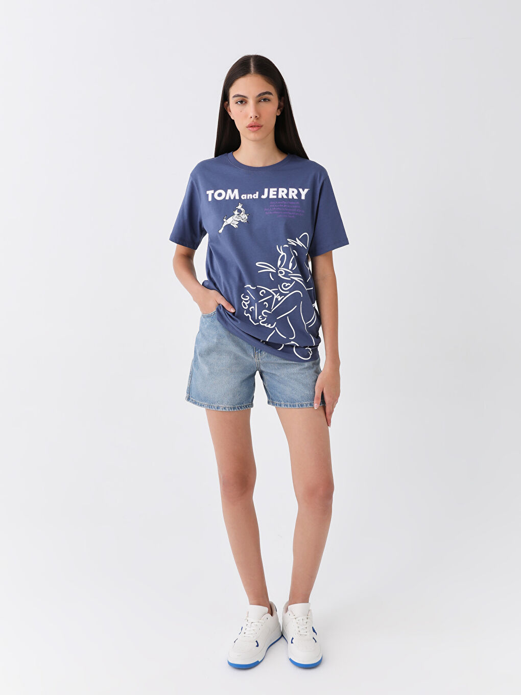 Mor Bisiklet Yaka Tom & Jerry Baskılı Oversize Kadın Tişört-2