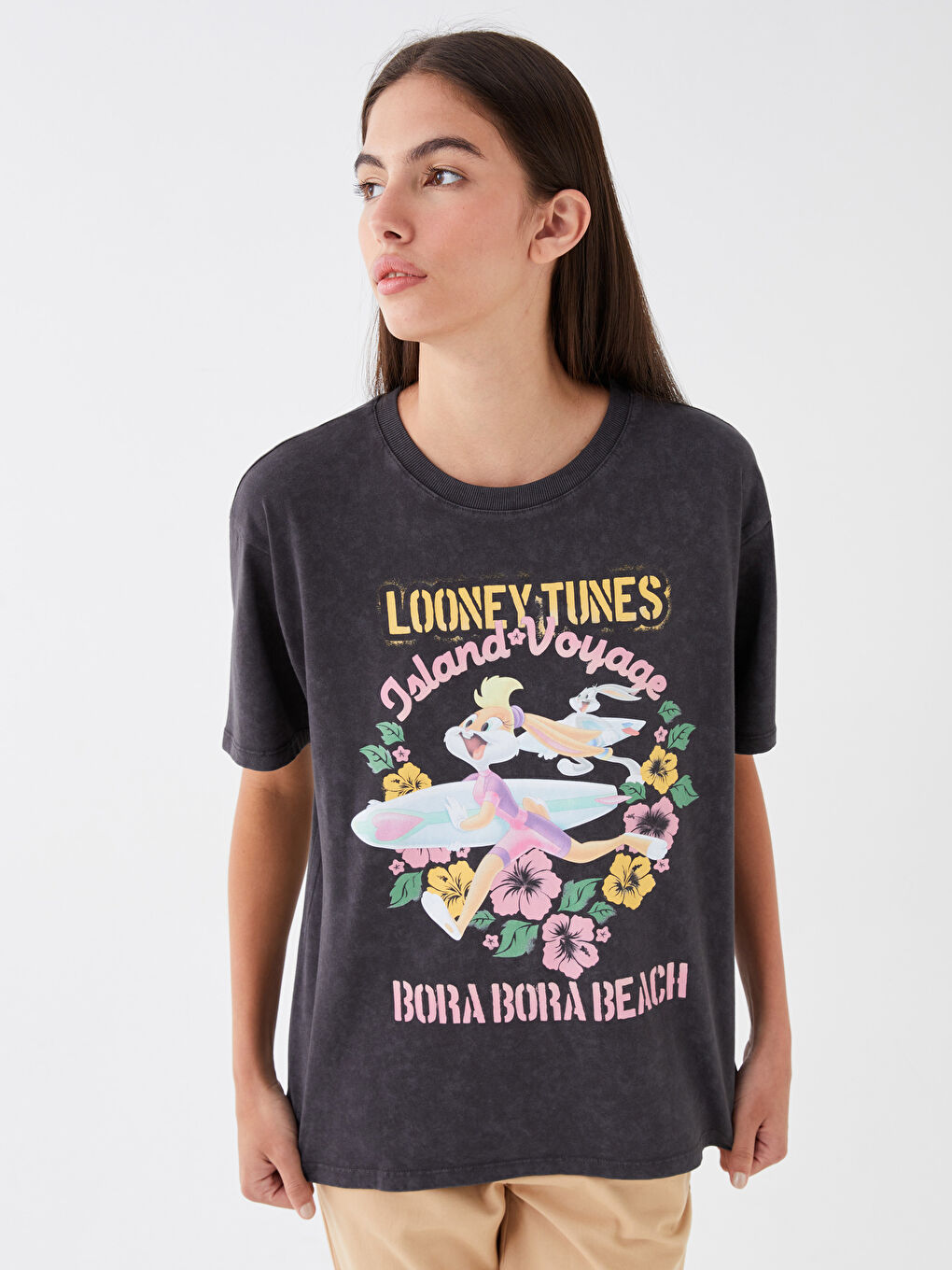 Antrasit Bisiklet Yaka Lola Bunny Baskılı Kısa Kollu Oversize Kadın Tişört