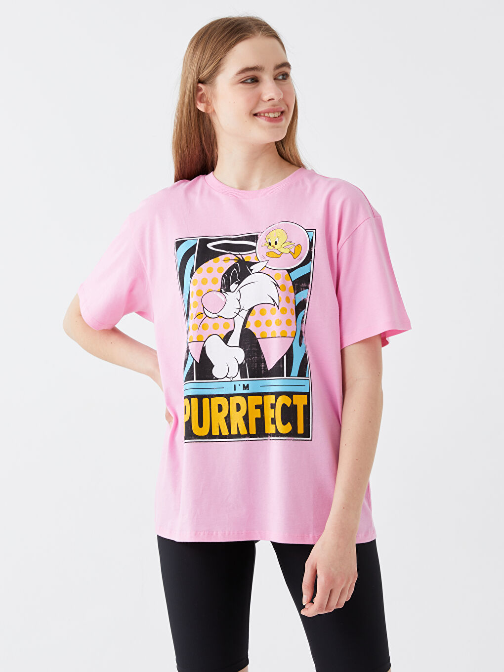 LCW Vision Crew Neck Sylvester Printed Short Sleeve Oversize Women's T-Shirt -S3H384Z8-FLY