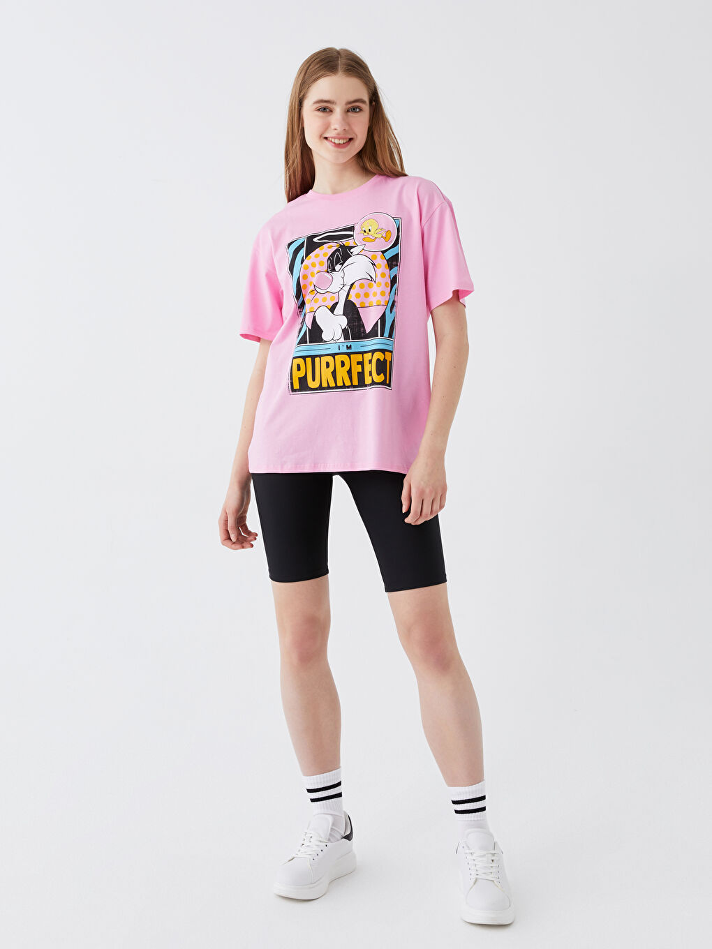 LCW Vision Crew Neck Sylvester Printed Short Sleeve Oversize Women's T-Shirt -S3H384Z8-FLY