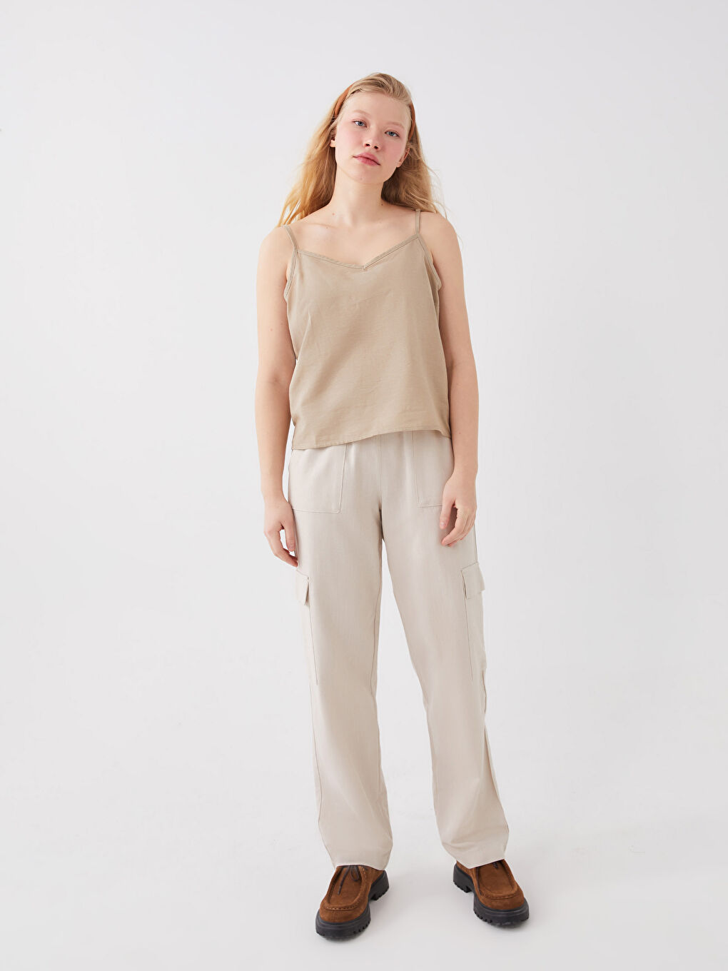 Bej Beli Lastikli Düz Keten Karışımlı Kadın Pantolon