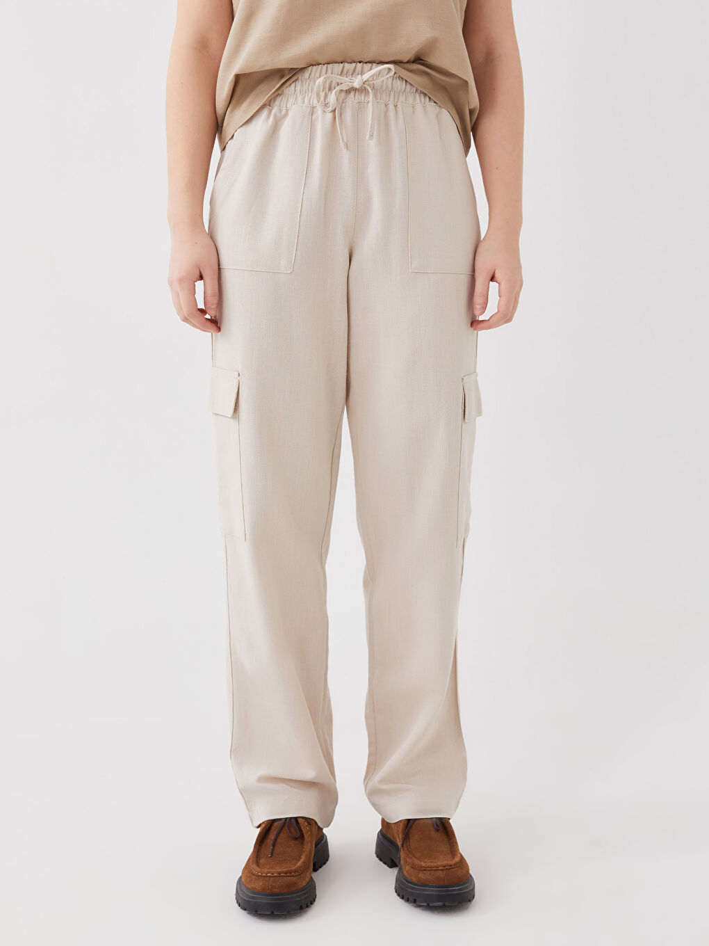 Bej Beli Lastikli Düz Keten Karışımlı Kadın Pantolon-3