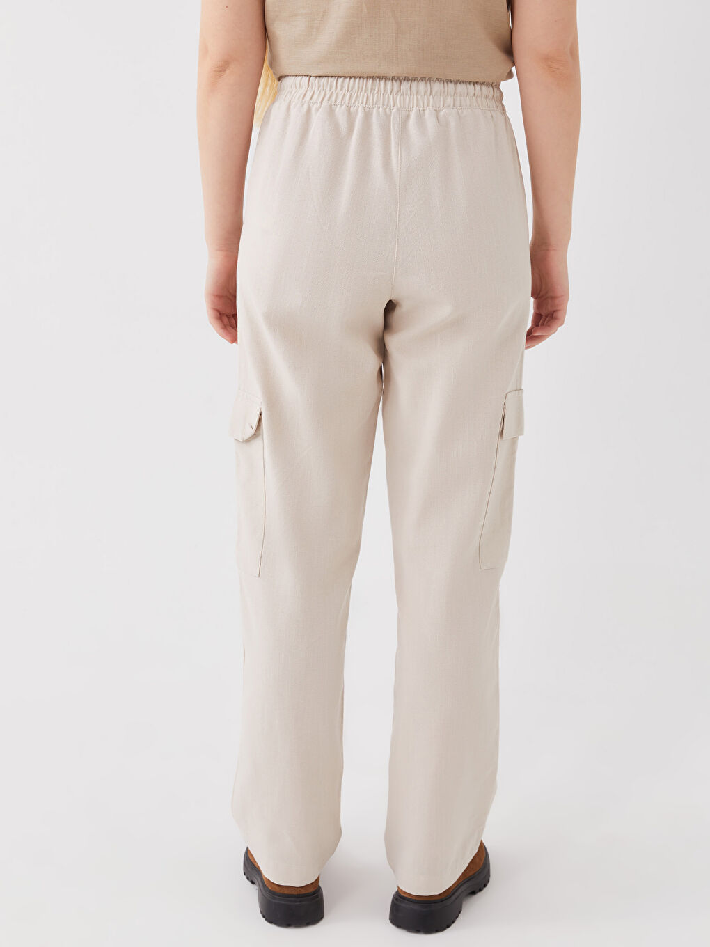 Bej Beli Lastikli Düz Keten Karışımlı Kadın Pantolon-4