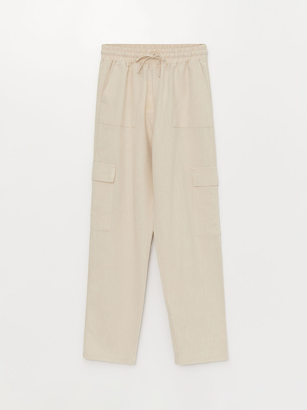 Bej Beli Lastikli Düz Keten Karışımlı Kadın Pantolon-5