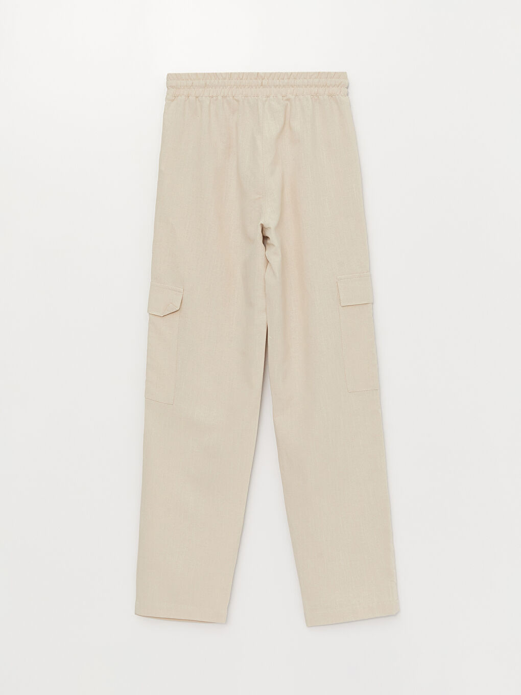Bej Beli Lastikli Düz Keten Karışımlı Kadın Pantolon-6