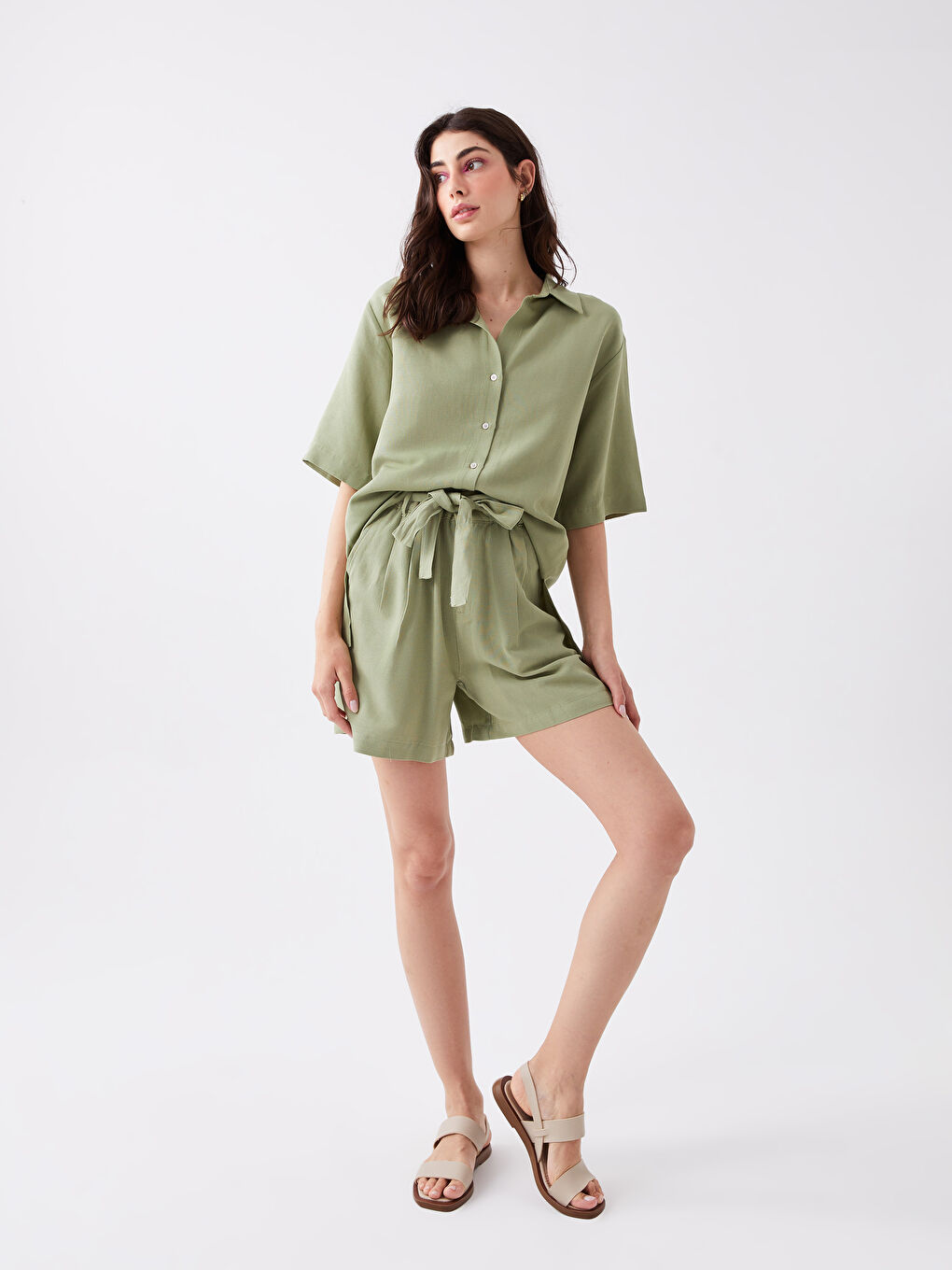 Comfortable Fit Plain Linen Blend Women's Shorts -S3H387Z8-GUY