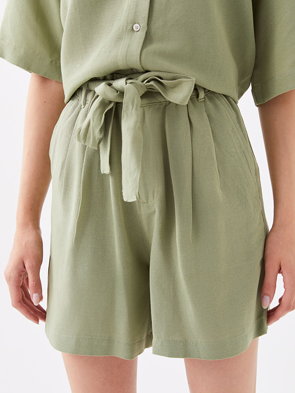 Comfortable Fit Plain Linen Blend Women's Shorts -S3H387Z8-GUY