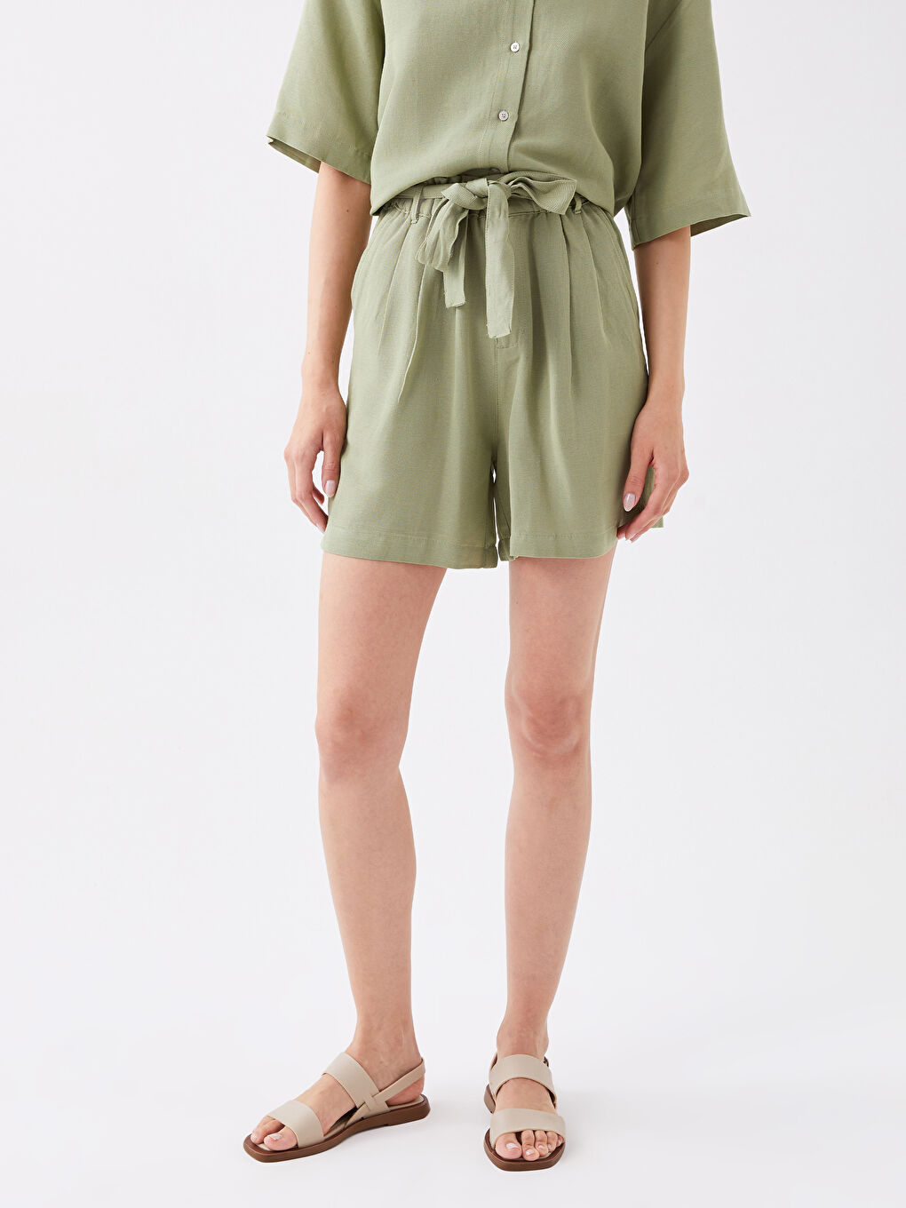Comfortable Fit Plain Linen Blend Women's Shorts -S3H387Z8-GUY