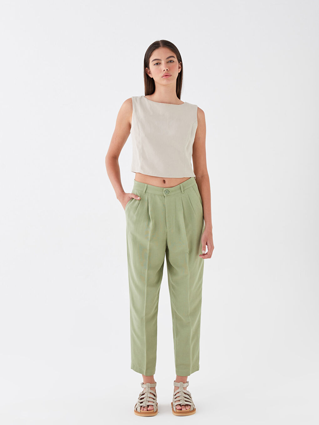 Yeşil Havuç Kesim Düz Keten Karışımlı Kadın Pantolon