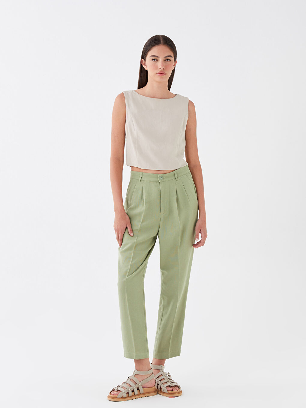 Yeşil Havuç Kesim Düz Keten Karışımlı Kadın Pantolon-1