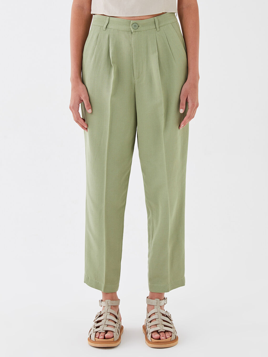 Yeşil Havuç Kesim Düz Keten Karışımlı Kadın Pantolon-2