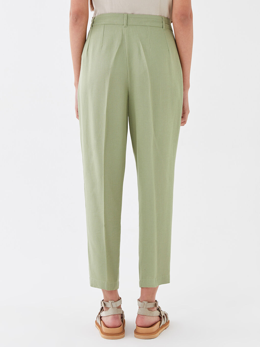 Yeşil Havuç Kesim Düz Keten Karışımlı Kadın Pantolon-4