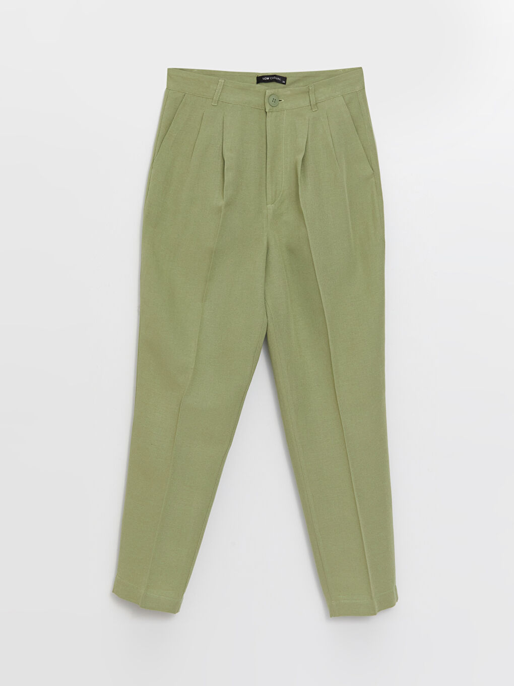 Yeşil Havuç Kesim Düz Keten Karışımlı Kadın Pantolon-5