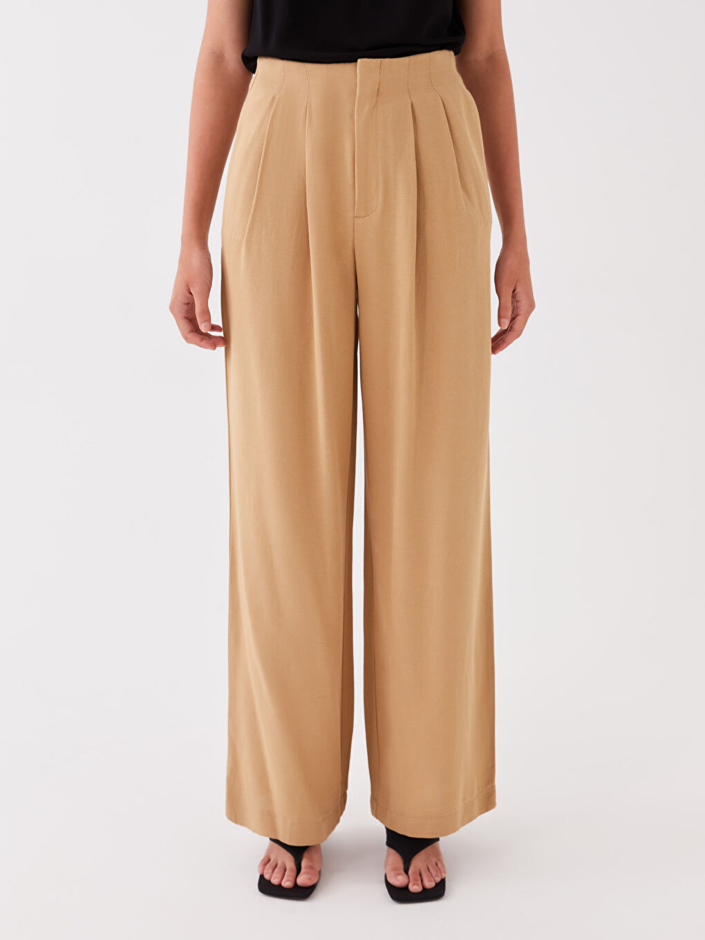 Bej Rahat Kalıp Düz Keten Karışımlı Kadın Pantolon-2