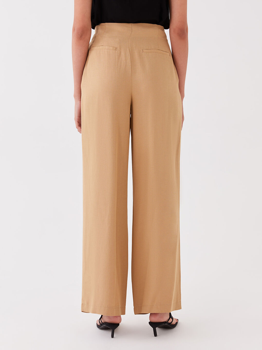 Bej Rahat Kalıp Düz Keten Karışımlı Kadın Pantolon-3