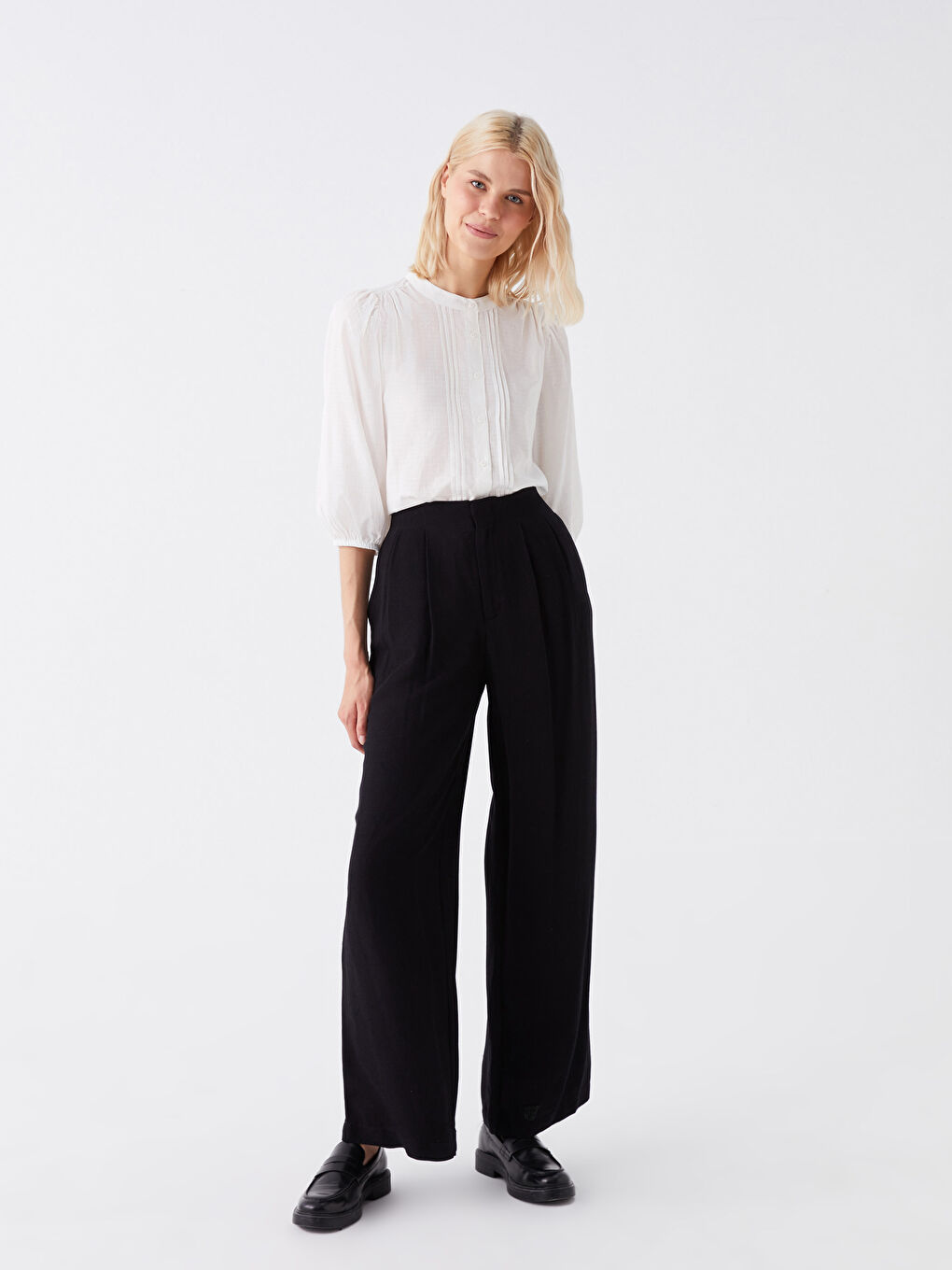 Siyah Rahat Kalıp Düz Keten Karışımlı Kadın Pantolon-1