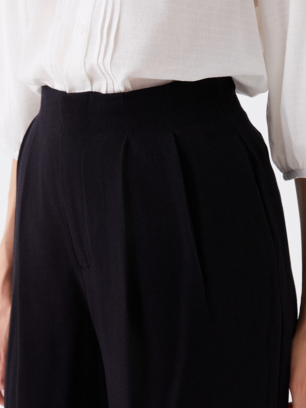 Siyah Rahat Kalıp Düz Keten Karışımlı Kadın Pantolon-2