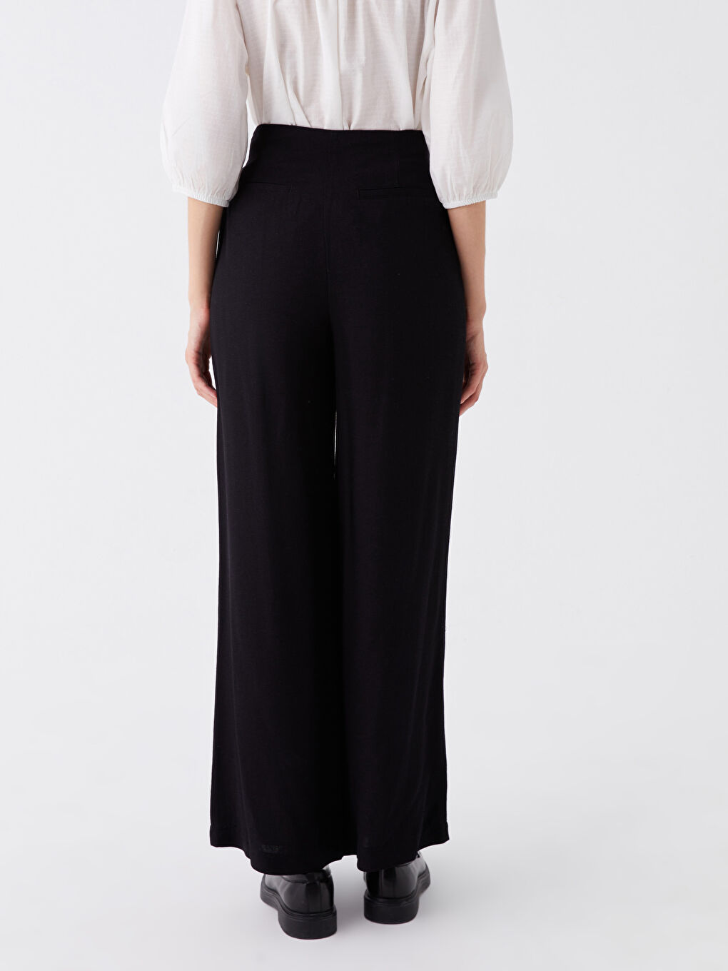 Siyah Rahat Kalıp Düz Keten Karışımlı Kadın Pantolon-4