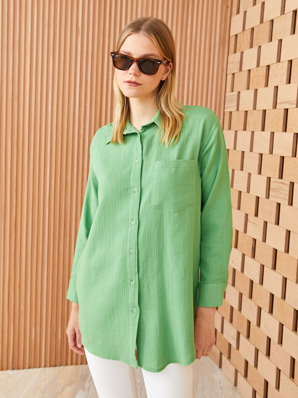 Yeşil Düz Müslin Kadın Gömlek Tunik