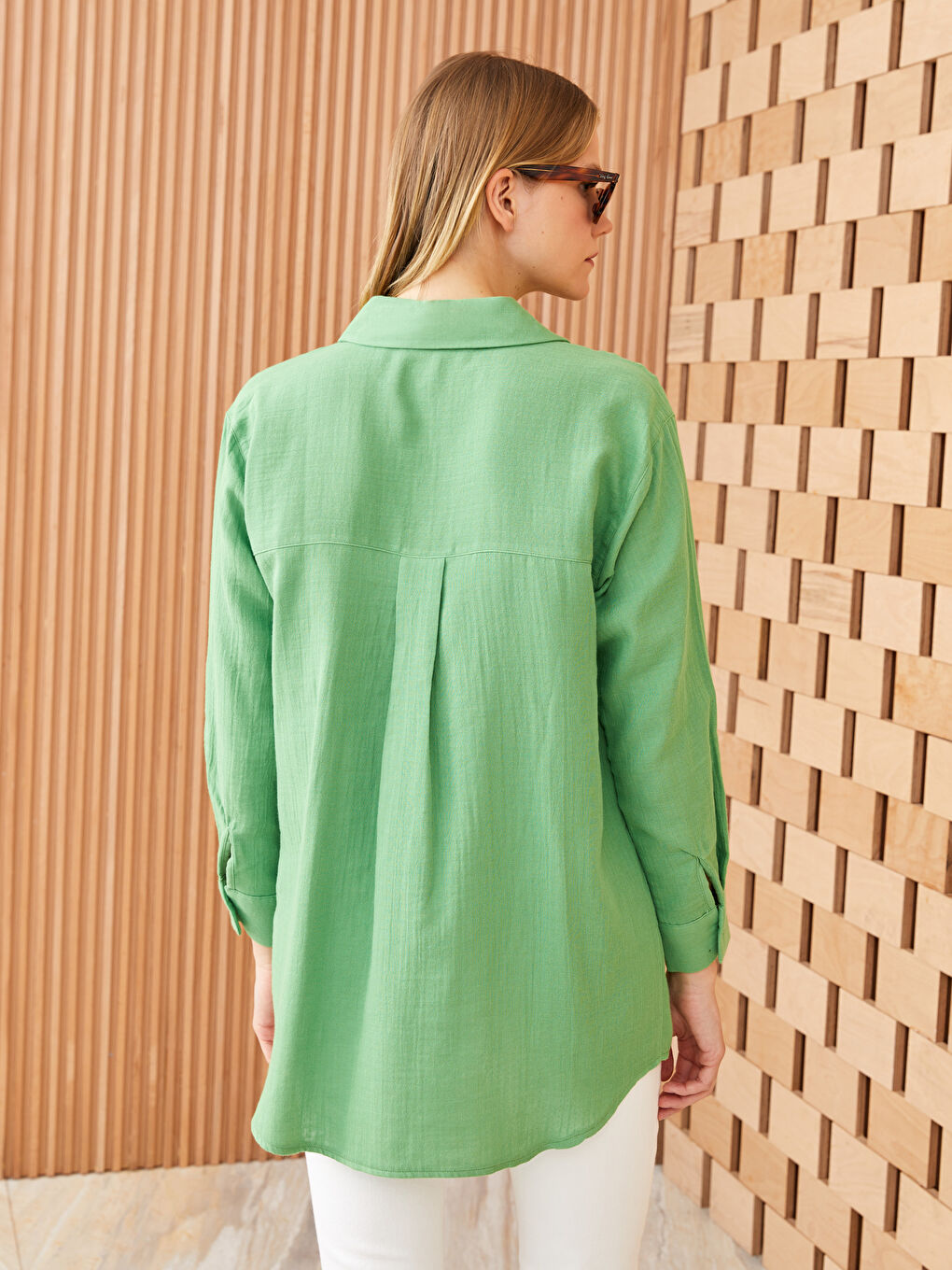 Yeşil Düz Müslin Kadın Gömlek Tunik-3
