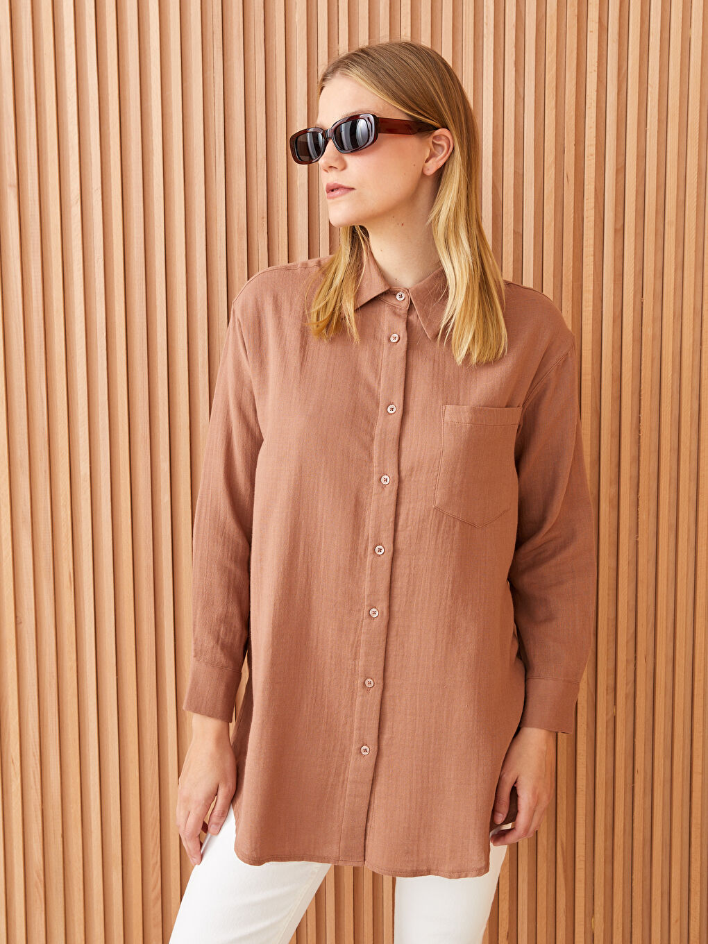 Kahverengi Düz Müslin Kadın Gömlek Tunik
