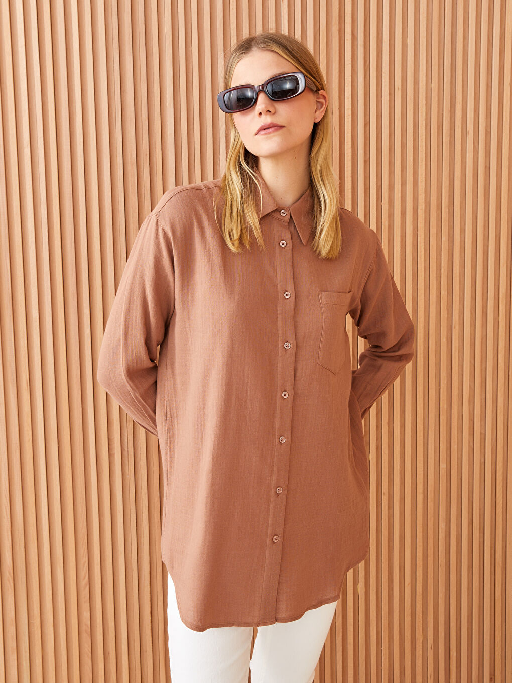Kahverengi Düz Müslin Kadın Gömlek Tunik-1