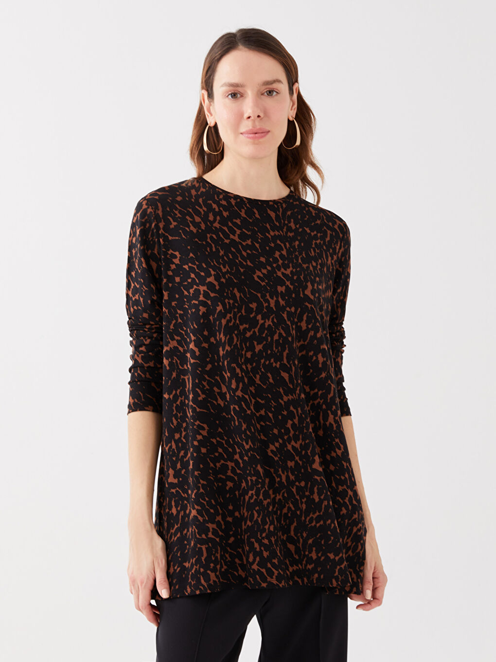 Crew Neck Patterned Long Sleeve Women's T-Shirt-1