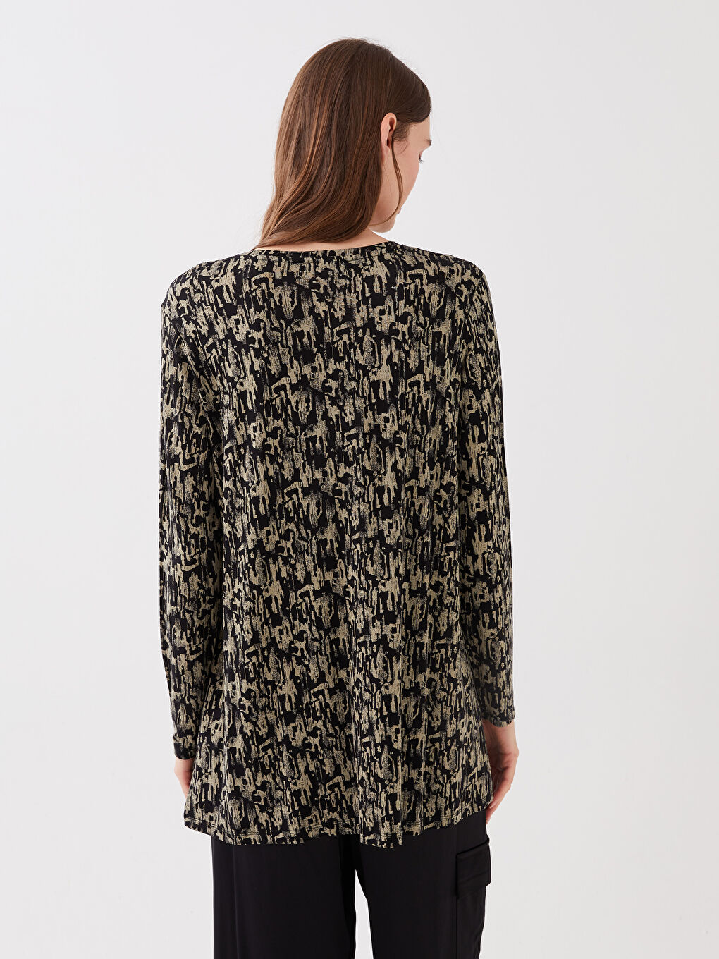 Haki Bisiklet Yaka Desenli Uzun Kollu Kadın Tişört-5