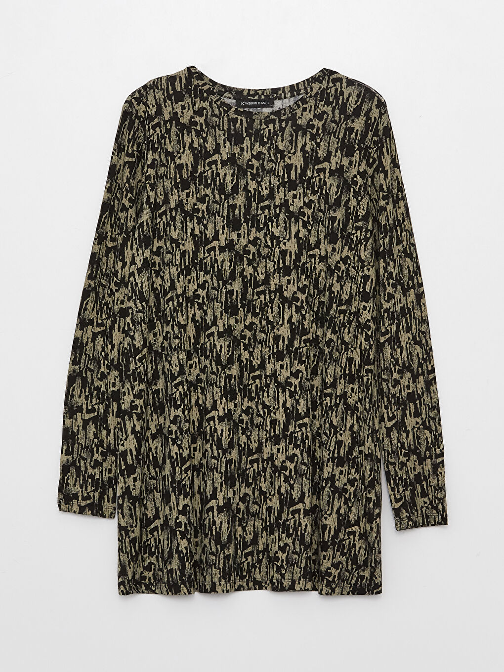 Haki Bisiklet Yaka Desenli Uzun Kollu Kadın Tişört-6