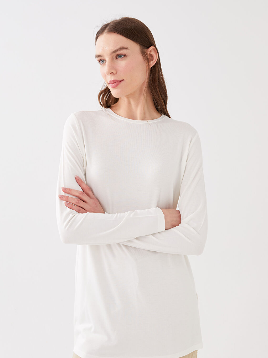 Tricou Simplu cu Mânecă Lungă și Guler Rotund pentru Femei-1