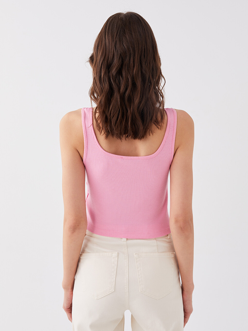 Pembe U Yaka Nakışlı Askılı Kadın Crop-4