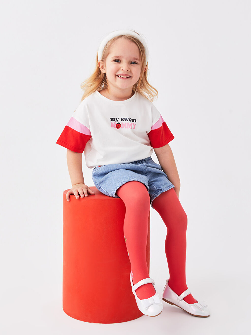 Ekru Bisiklet Yaka Kısa Kollu Baskılı Kız Bebek Tişört Anne Kız Kombini