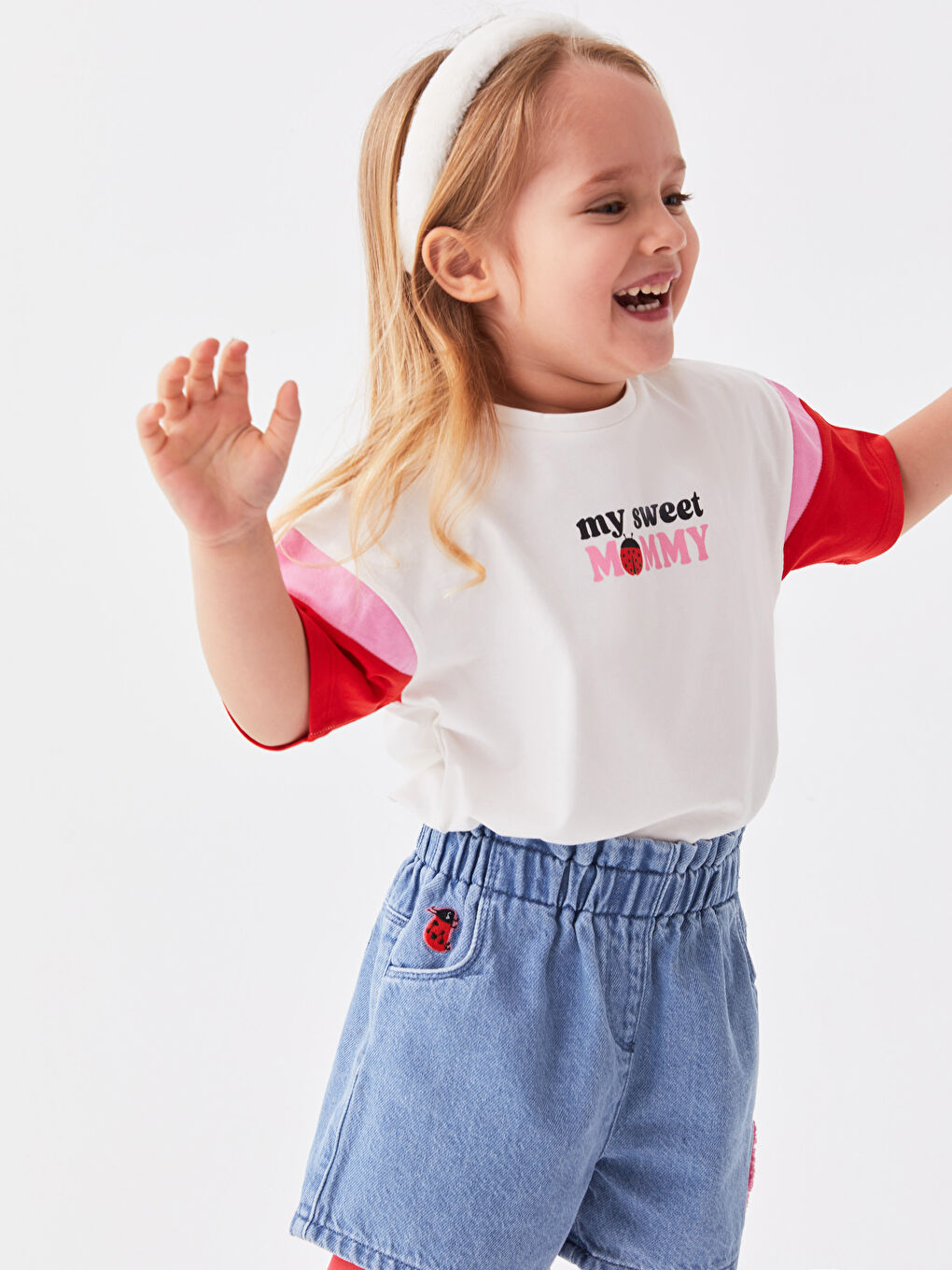 Ekru Bisiklet Yaka Kısa Kollu Baskılı Kız Bebek Tişört Anne Kız Kombini-1