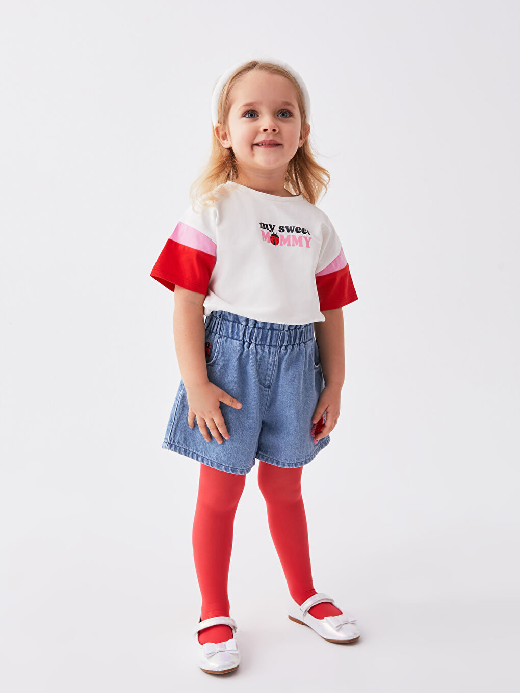 Ekru Bisiklet Yaka Kısa Kollu Baskılı Kız Bebek Tişört Anne Kız Kombini-2