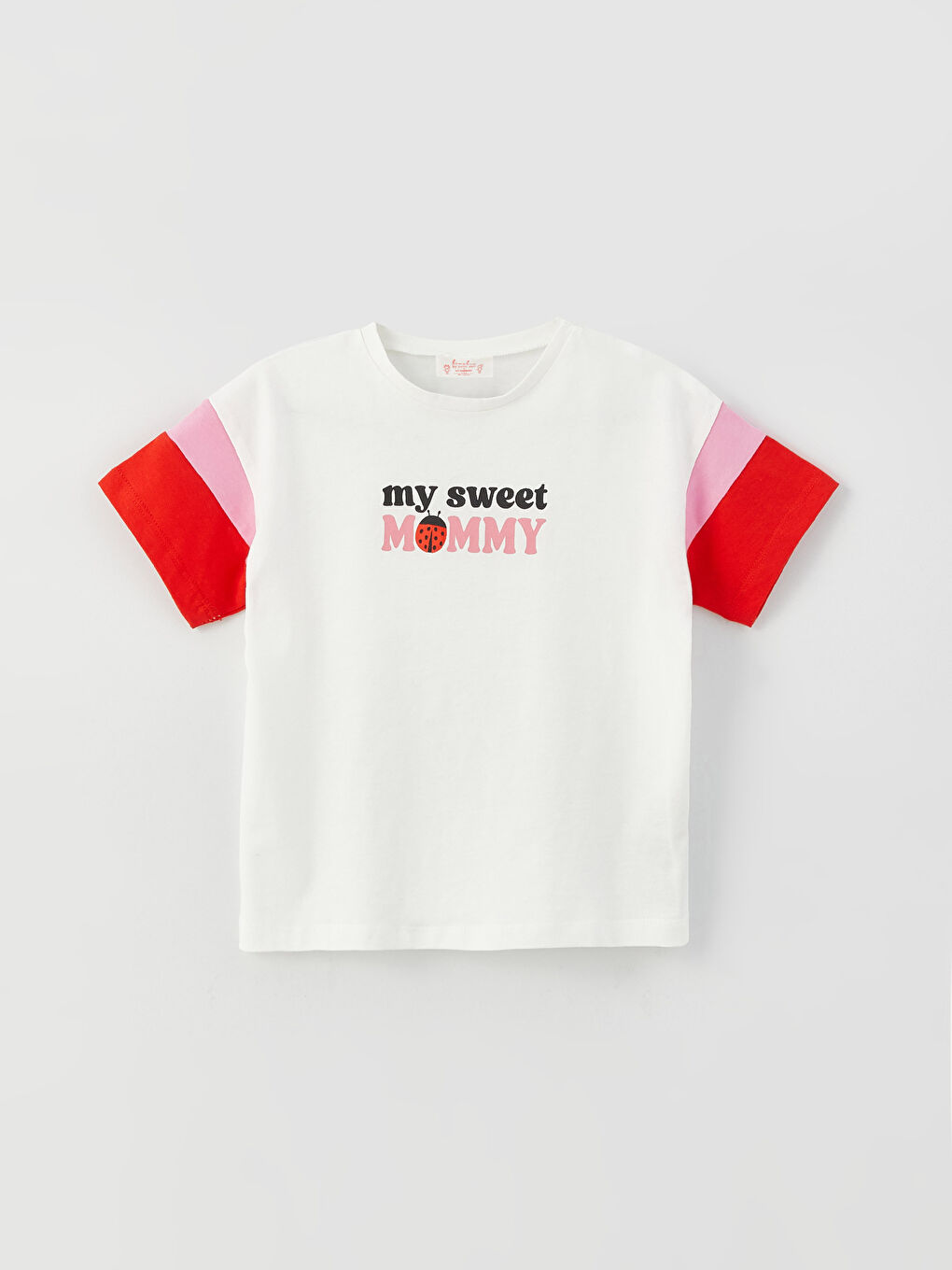 Ekru Bisiklet Yaka Kısa Kollu Baskılı Kız Bebek Tişört Anne Kız Kombini-3