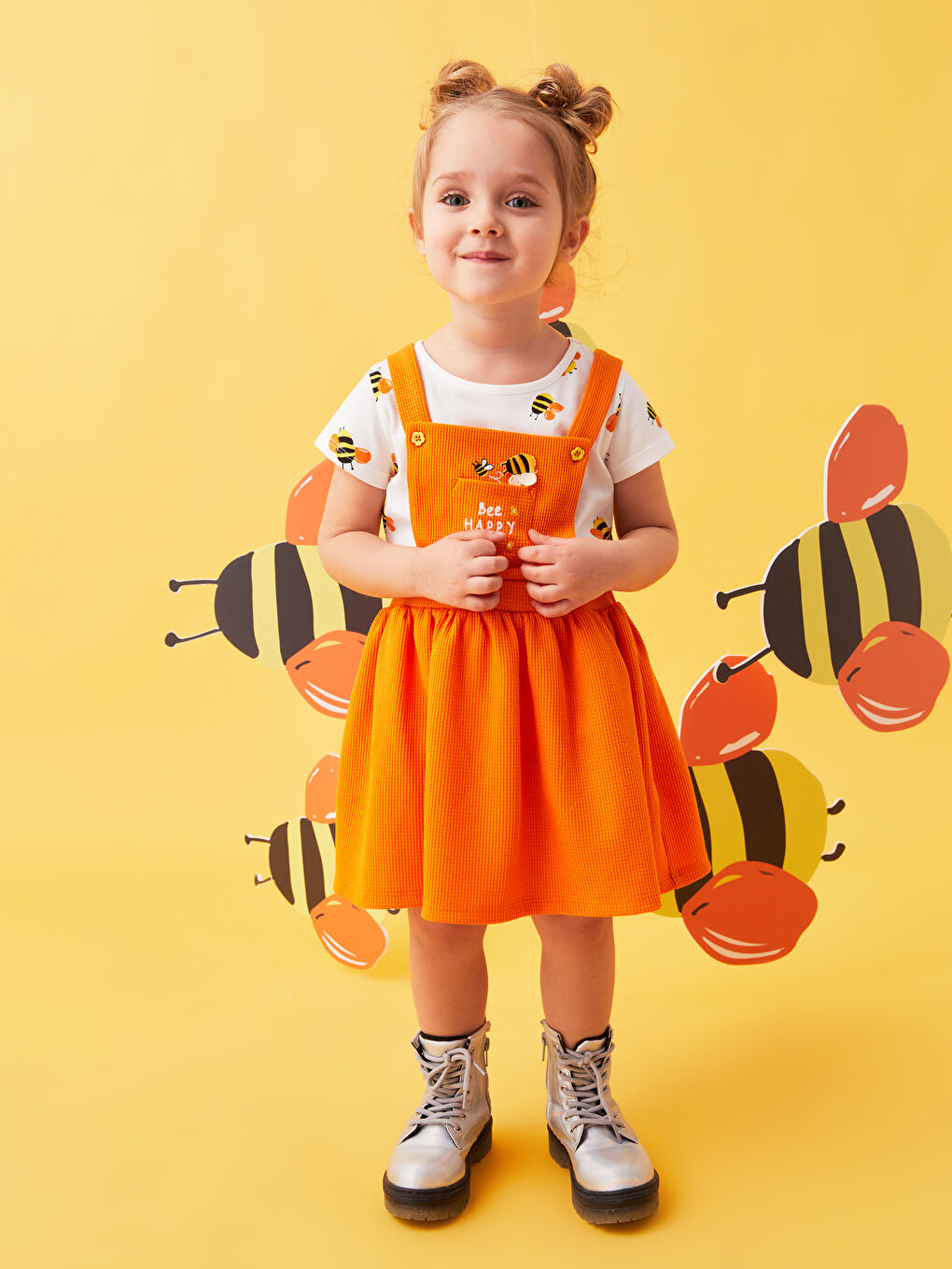 Ekru Baskılı Kız Bebek Tişört ve Salopet 2'li Takım-2