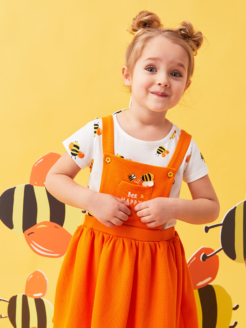 Ekru Baskılı Kız Bebek Tişört ve Salopet 2'li Takım-3