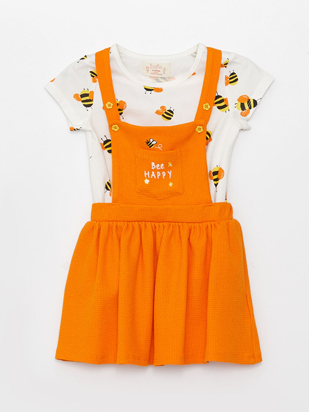 Ekru Baskılı Kız Bebek Tişört ve Salopet 2'li Takım-5