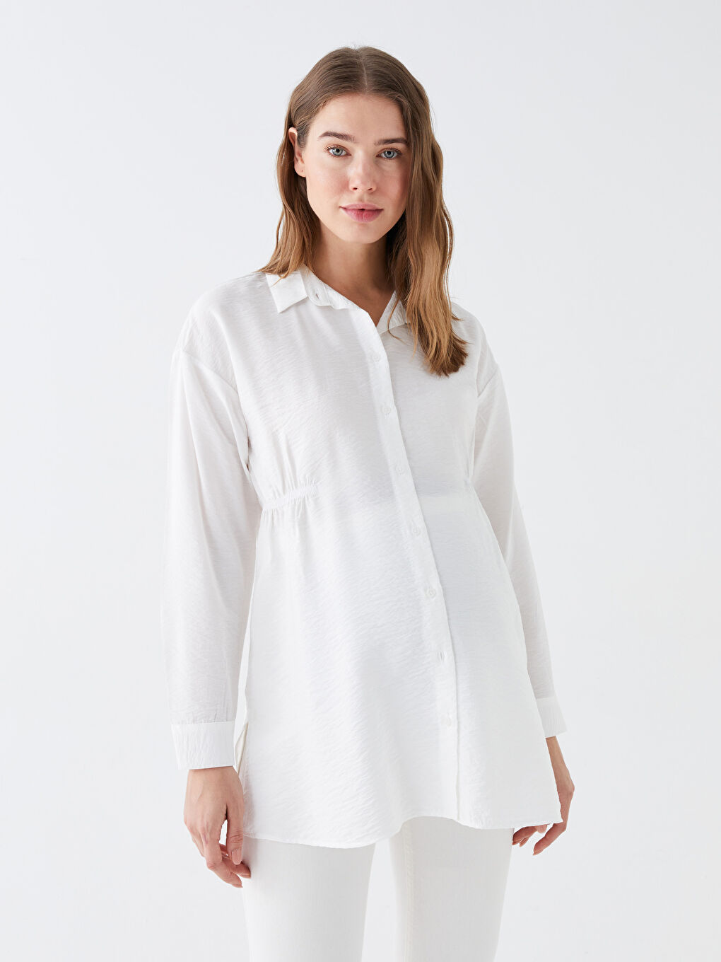 Beyaz Düz Uzun Kollu Hamile Gömlek Tunik
