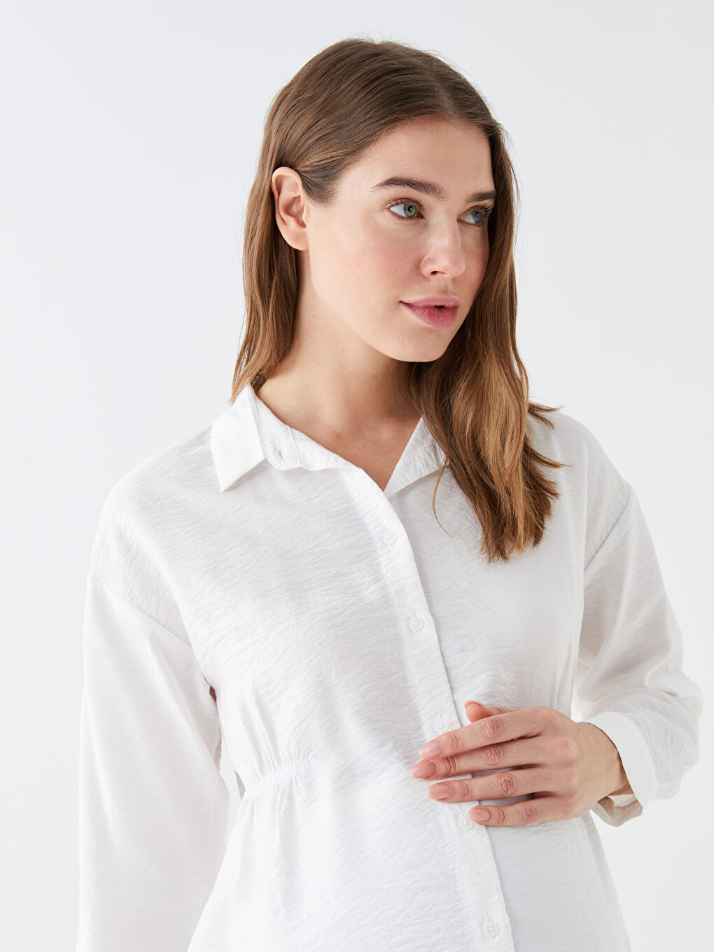 Beyaz Düz Uzun Kollu Hamile Gömlek Tunik-2