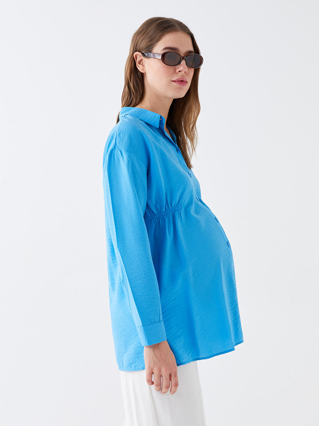 Mavi Düz Uzun Kollu Hamile Gömlek Tunik